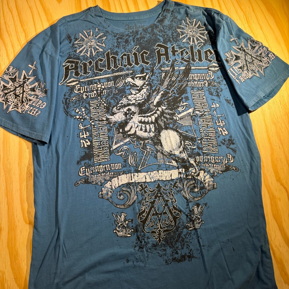 Archaic by Affliction Men's T-Shirt Blue Atelier Griffin Winged Graphic Size 2XL